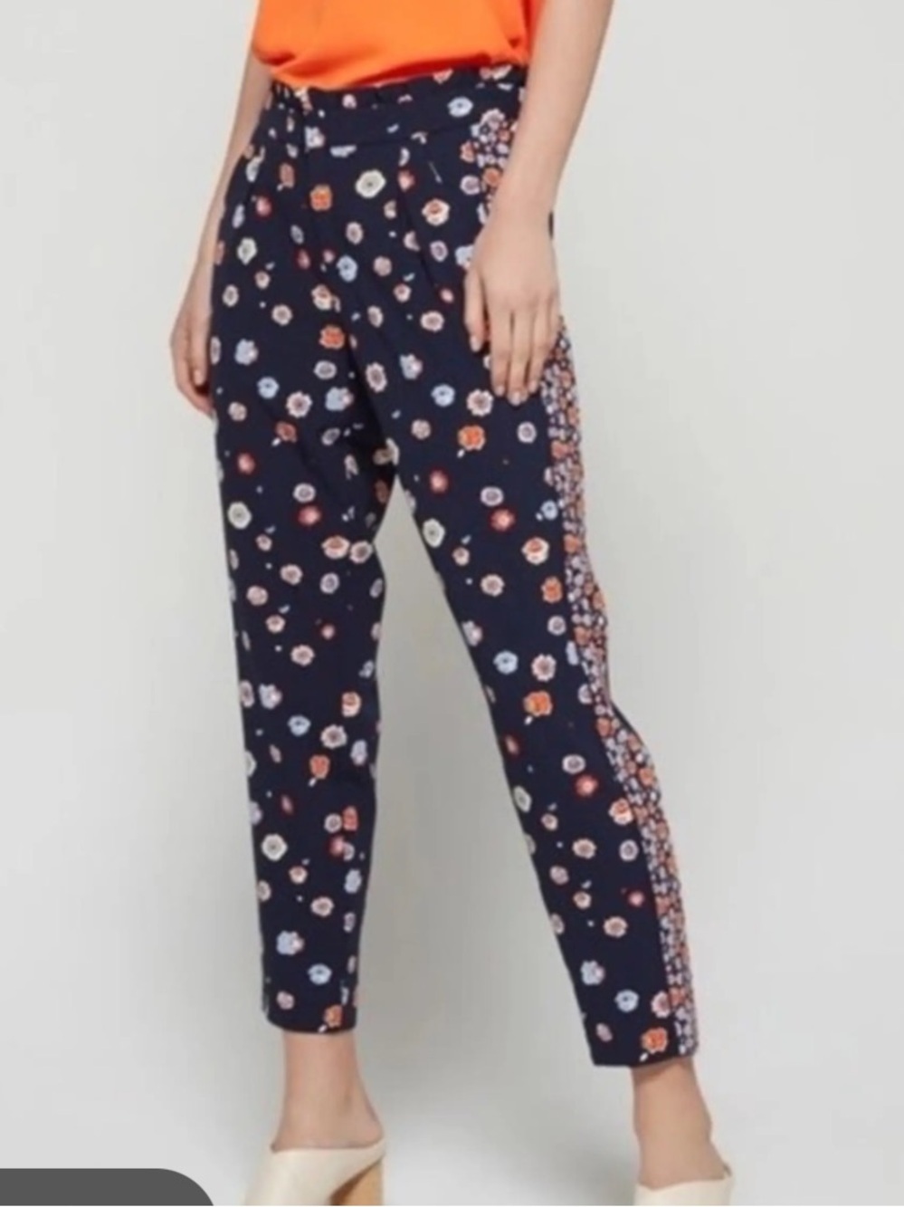 Maison Jules Navy Floral Print High Waisted Paperbag Pants